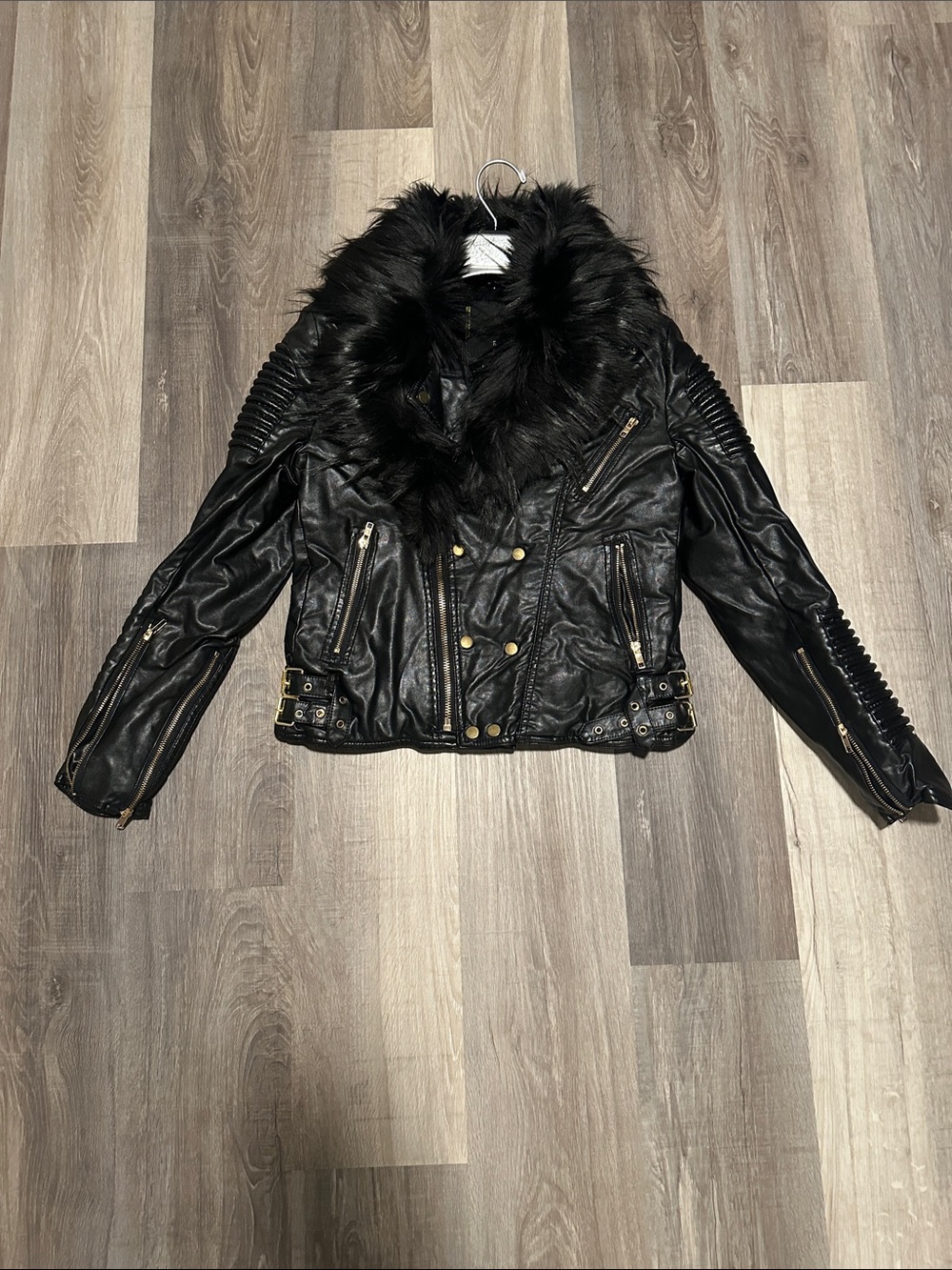 Black Faux Leather Bomber Jacket with detachable Faux Fur Trim